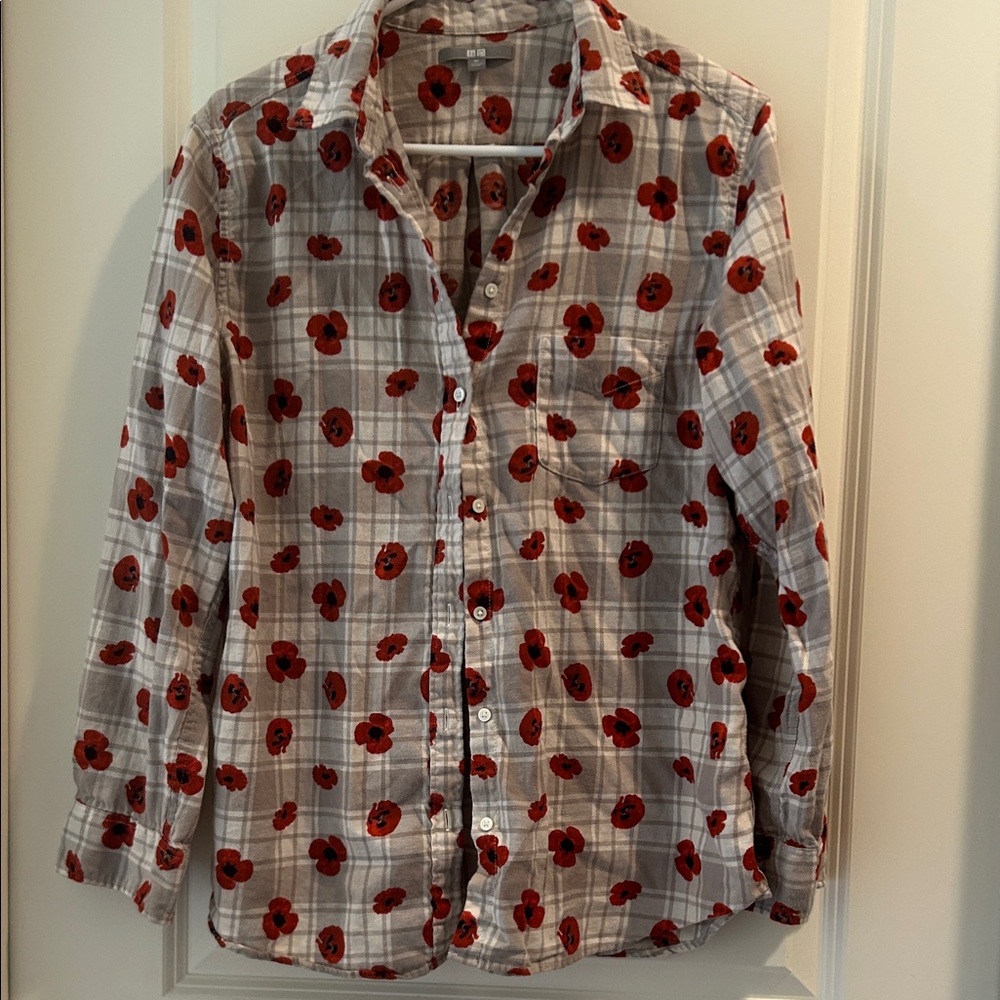 Uniqlo women Long Sleeve Button Down plaid Shirt Red Pansy Flower pattern sizeXL
